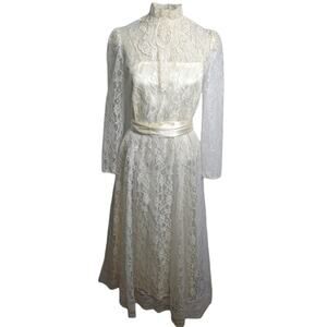 Vintage 70's Victorian Lace Dress Long Sleeve Lining Satin Slip Dress Ivory